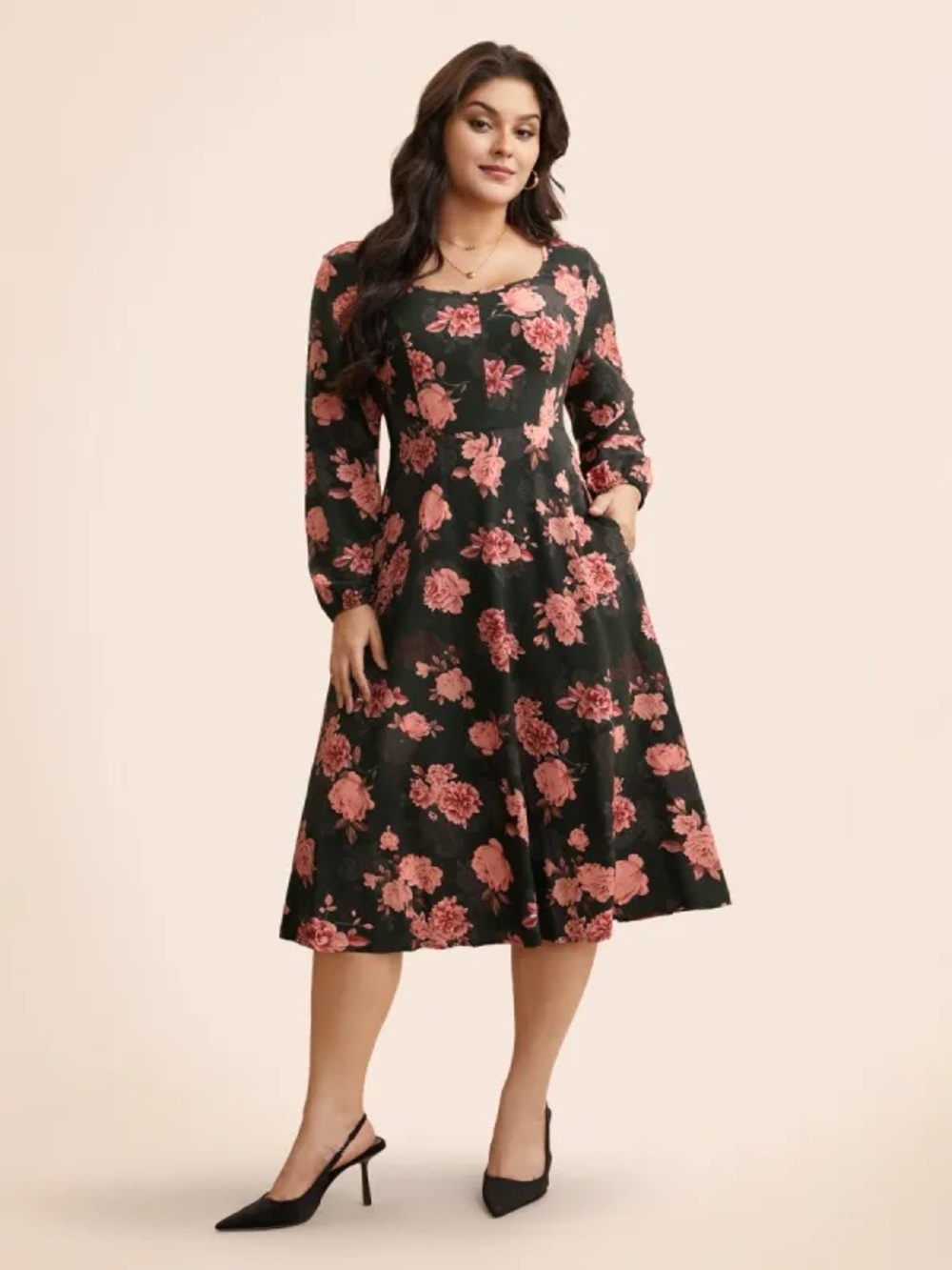 BloomChic Black Midi Dress with Pink Floral Print
